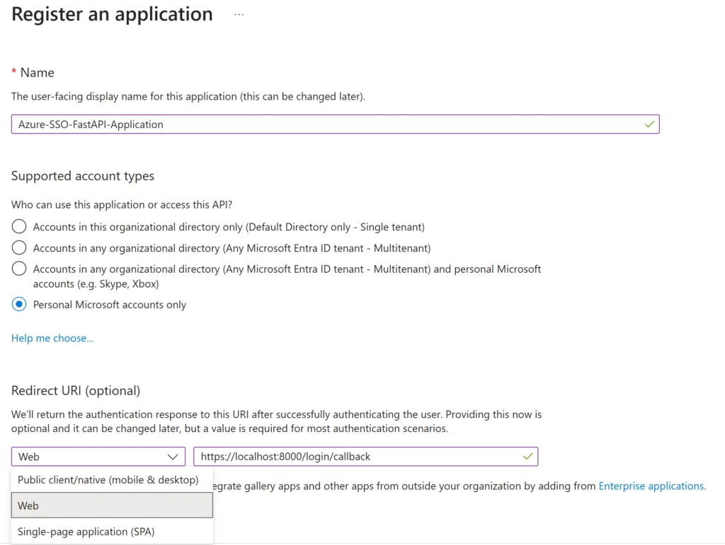 Capture d'écran montrant comment créer un nouvel enregistrement d'application sur Azure