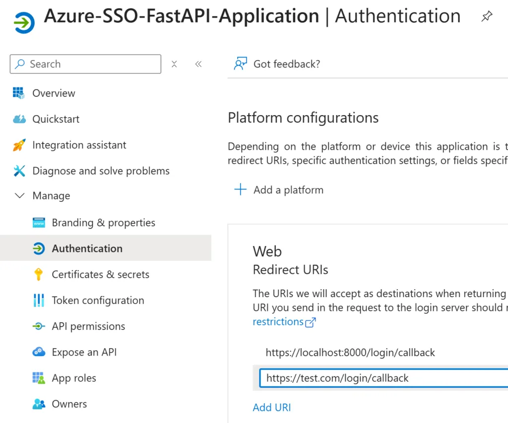 Capture d'écran montrant comment ajouter une nouvelle URL de redirection sur Azure