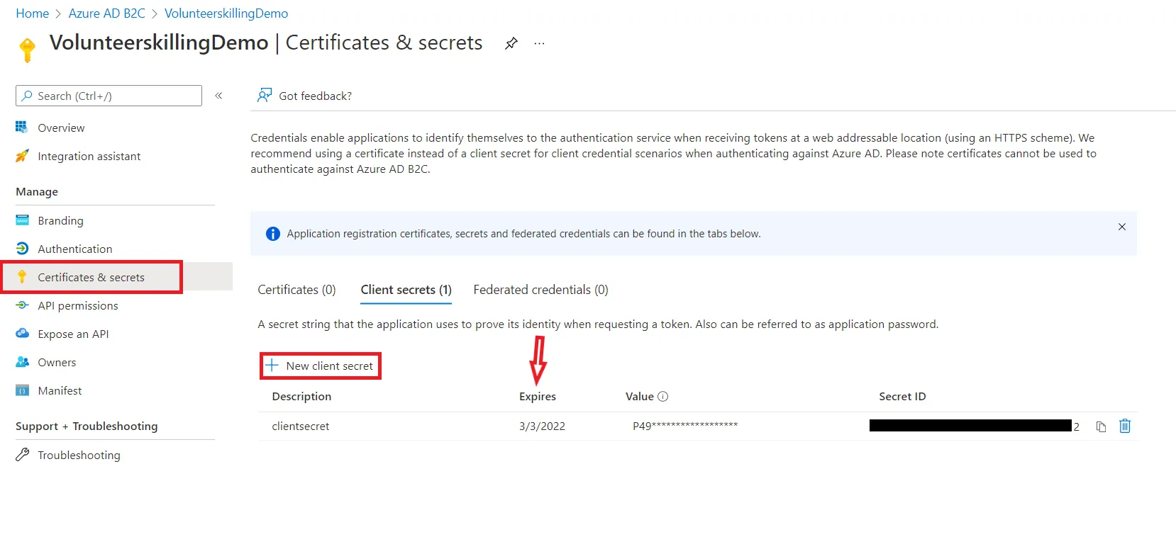 Capture d’écran montrant comment créer un nouveau secret client sur Azure