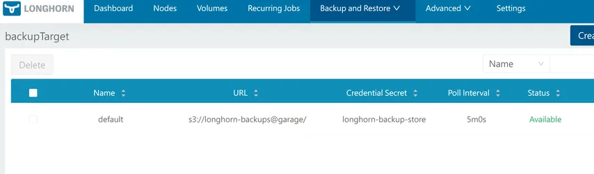 The Longhorn UI backupTarget page displaying a successfully configured default S3 backup target with an Available status.