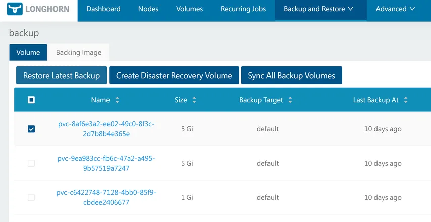 The Longhorn backup interface showing a list of volume backups with the first volume selected.