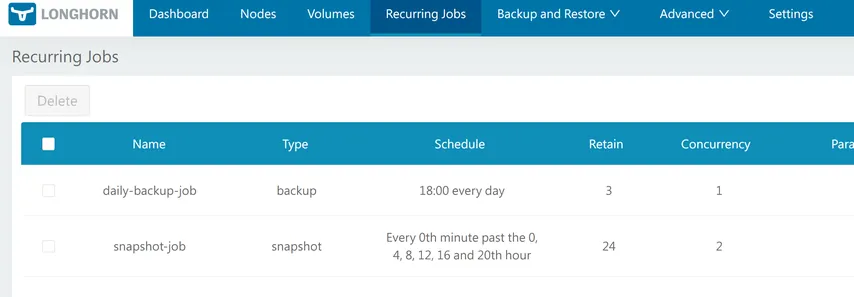 The Longhorn Recurring Jobs dashboard displaying a table of scheduled backup and snapshot tasks.
