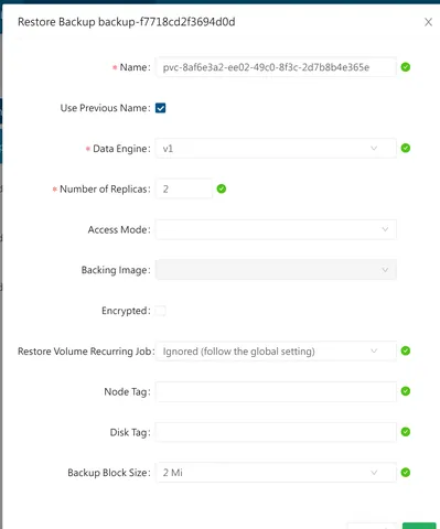 A modal window titled Restore Backup displaying configuration options such as name, data engine, and number of replicas for restoring a volume.