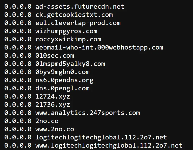Example of a hosts file redirecting ad domains to 0.0.0.0