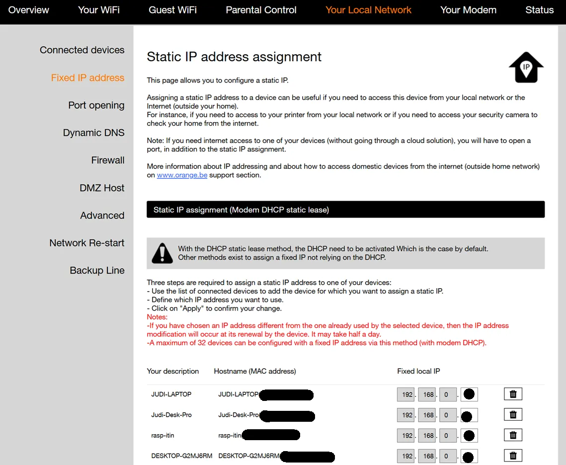 Router interface for configuring a static IP address for a device