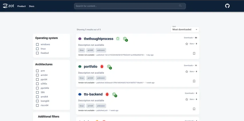 Une interface de recherche avec des résultats pour divers dépôts, y compris 'thethoughtprocess', 'portfolio' et 'tts-backend'.